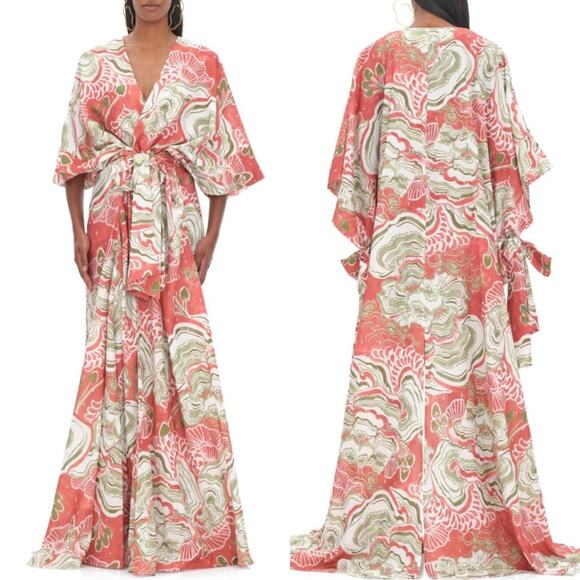 Andrea Iyamah Gamba Abstract Mushroom Red and Green Kimono Robe Maxi Dress - Picture 1 of 12